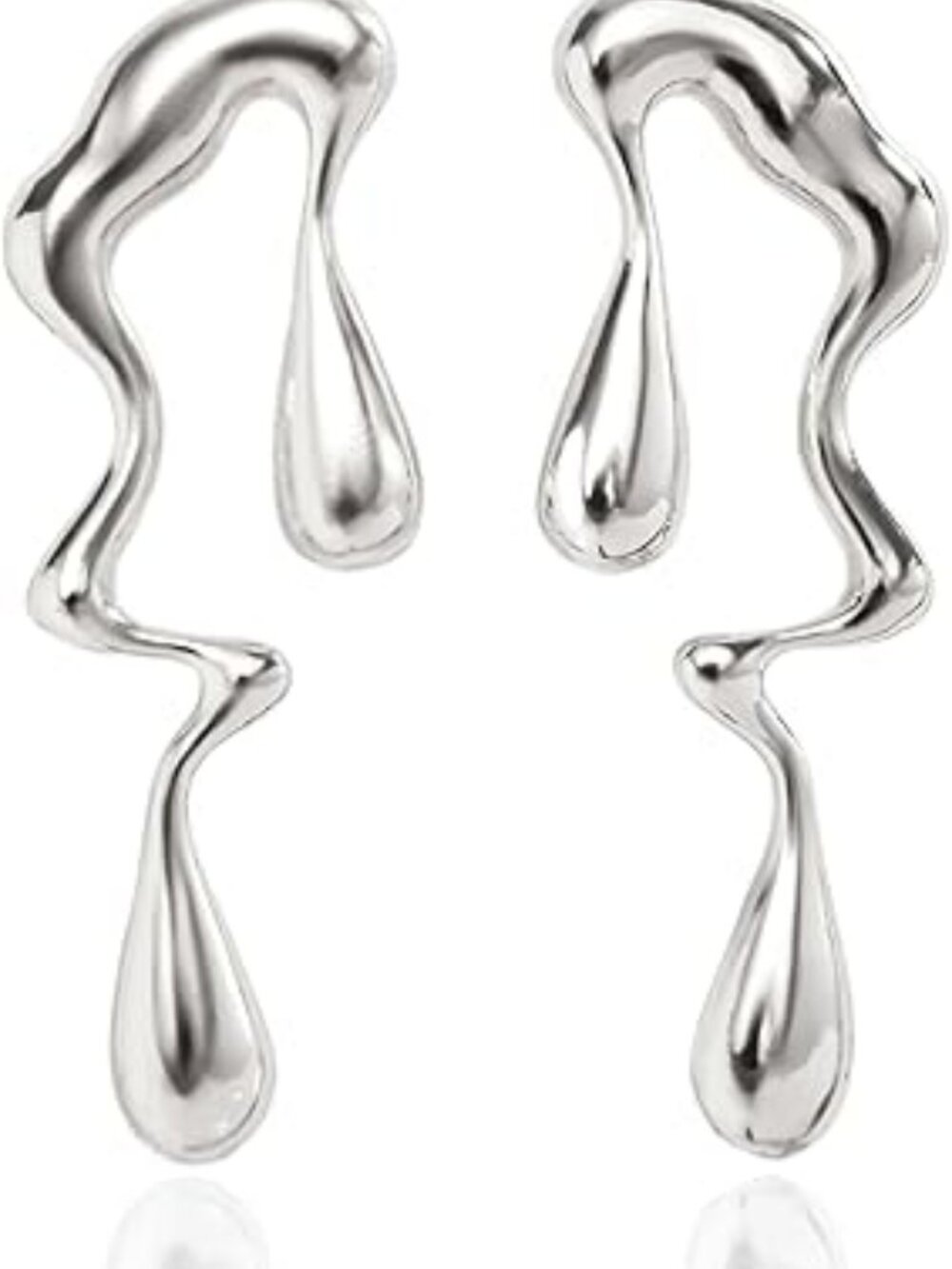 Silver‎ Teardrop Earrings Large Irregular Drooping Dangle Studs Unusual Shape